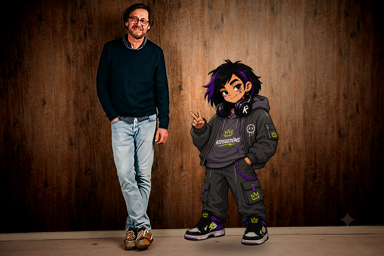 Max Vallain neben der Kidsgedöns-Figur