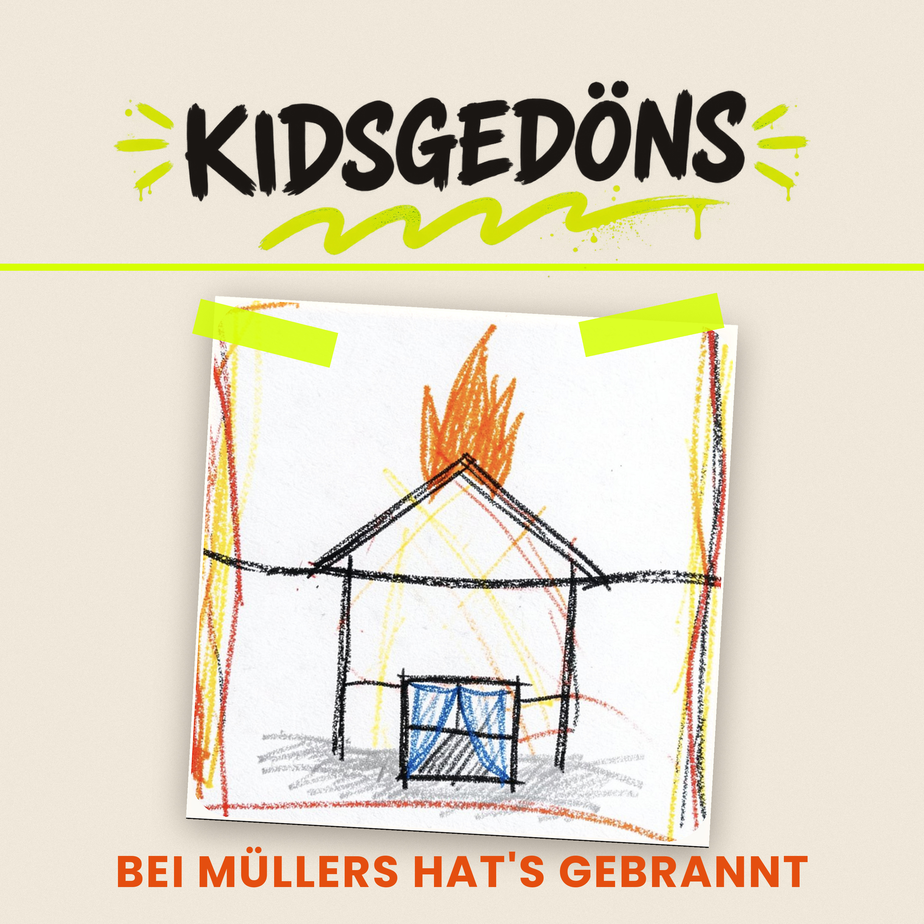 Covergestaltung Bei Müllers hat’s gebrannt mit einer Zeichnung eines brennenden Hauses